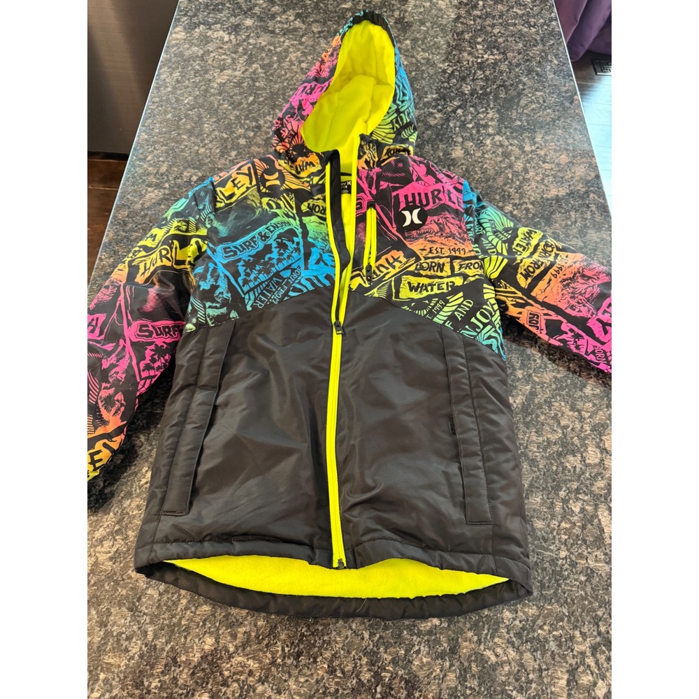 Hurley Boys Hooded Puffer Jacket Neon Graffiti Print‎ Black Yellow Size 14/16 L